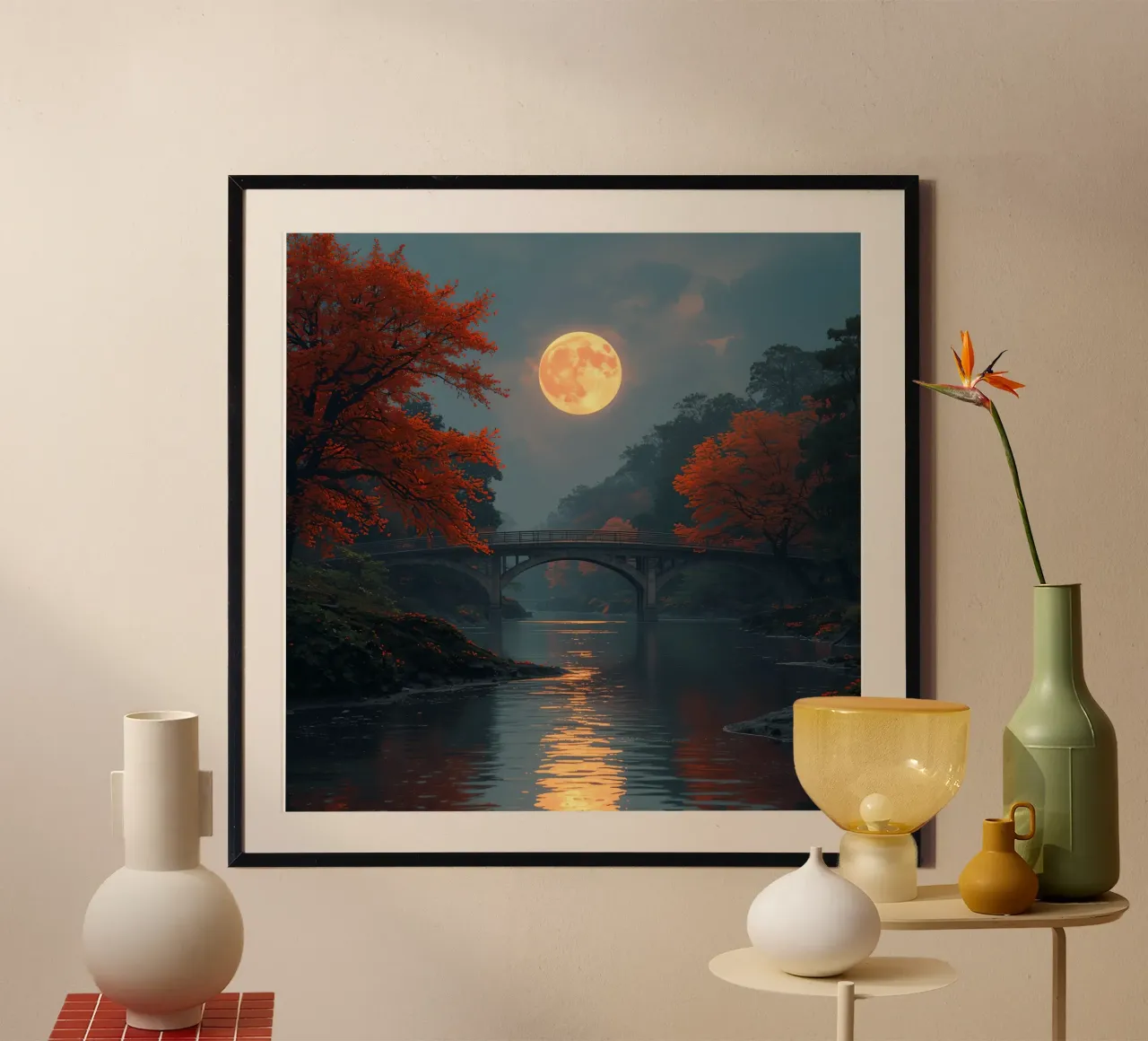 Paesaggio fluviale con ponte di pietra e luna piena poster da DesignDoodle