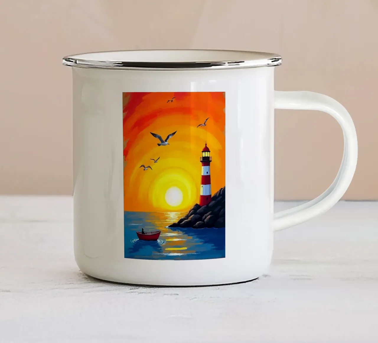 fishing on a small boat before sunset tazza in smalto da Dumery Art