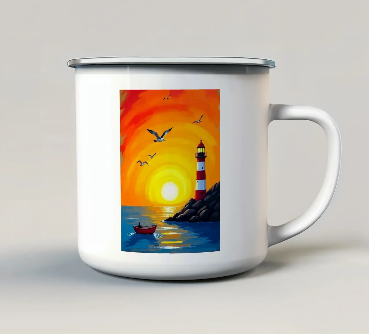 fishing on a small boat before sunset tazza in smalto da Dumery Art