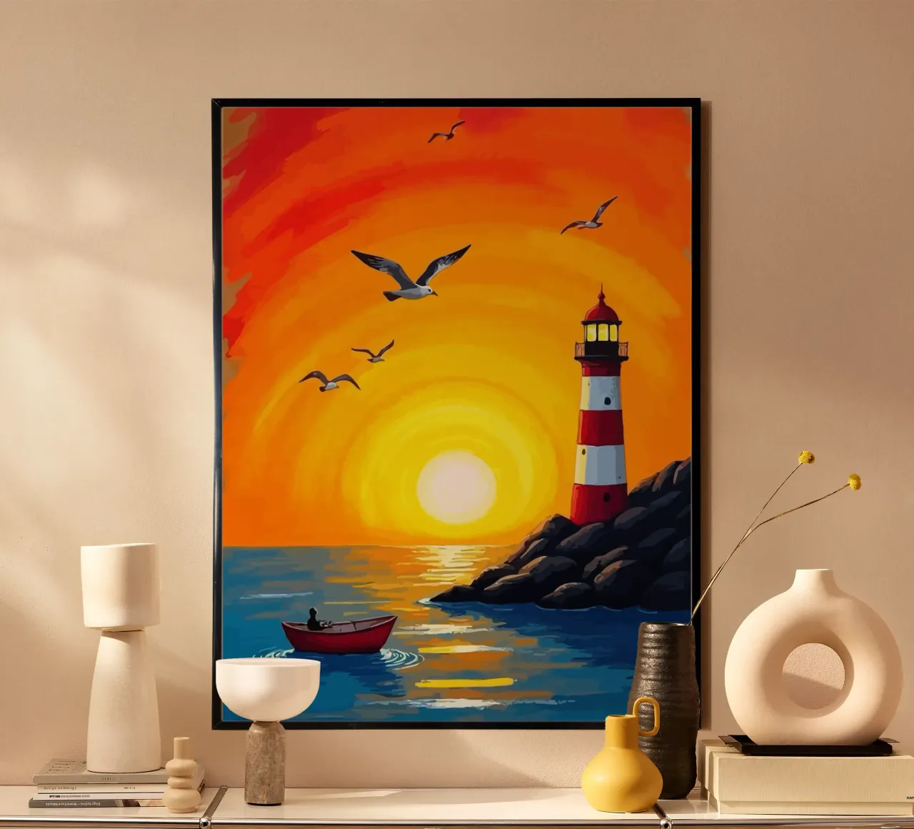 fishing on a small boat before sunset poster con telaio in legno da Dumery Art