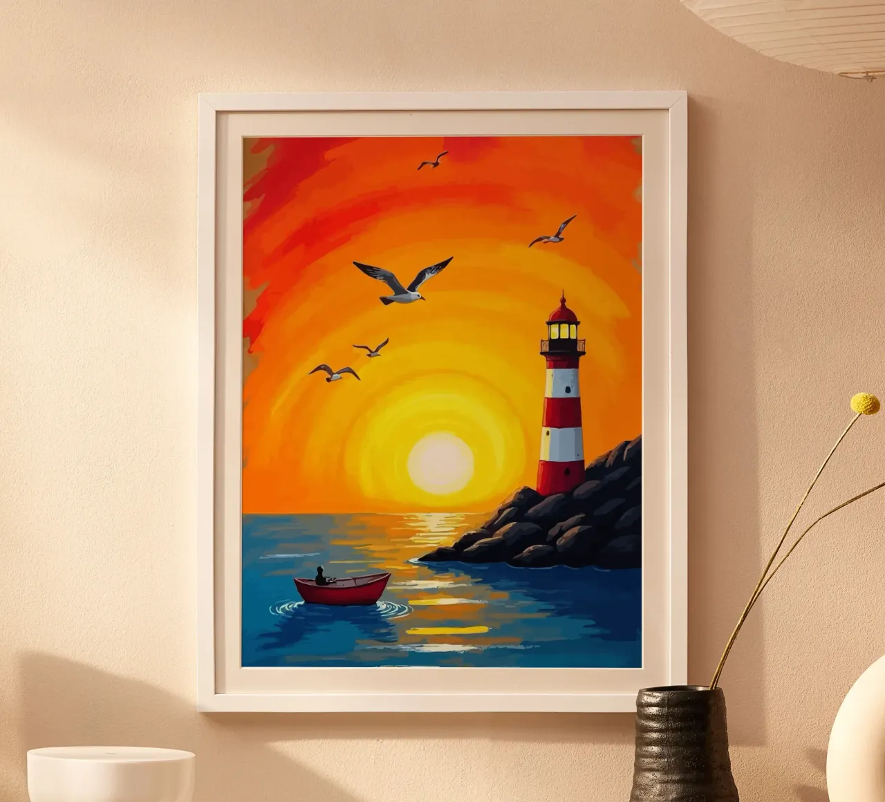 fishing on a small boat before sunset poster con telaio in legno da Dumery Art