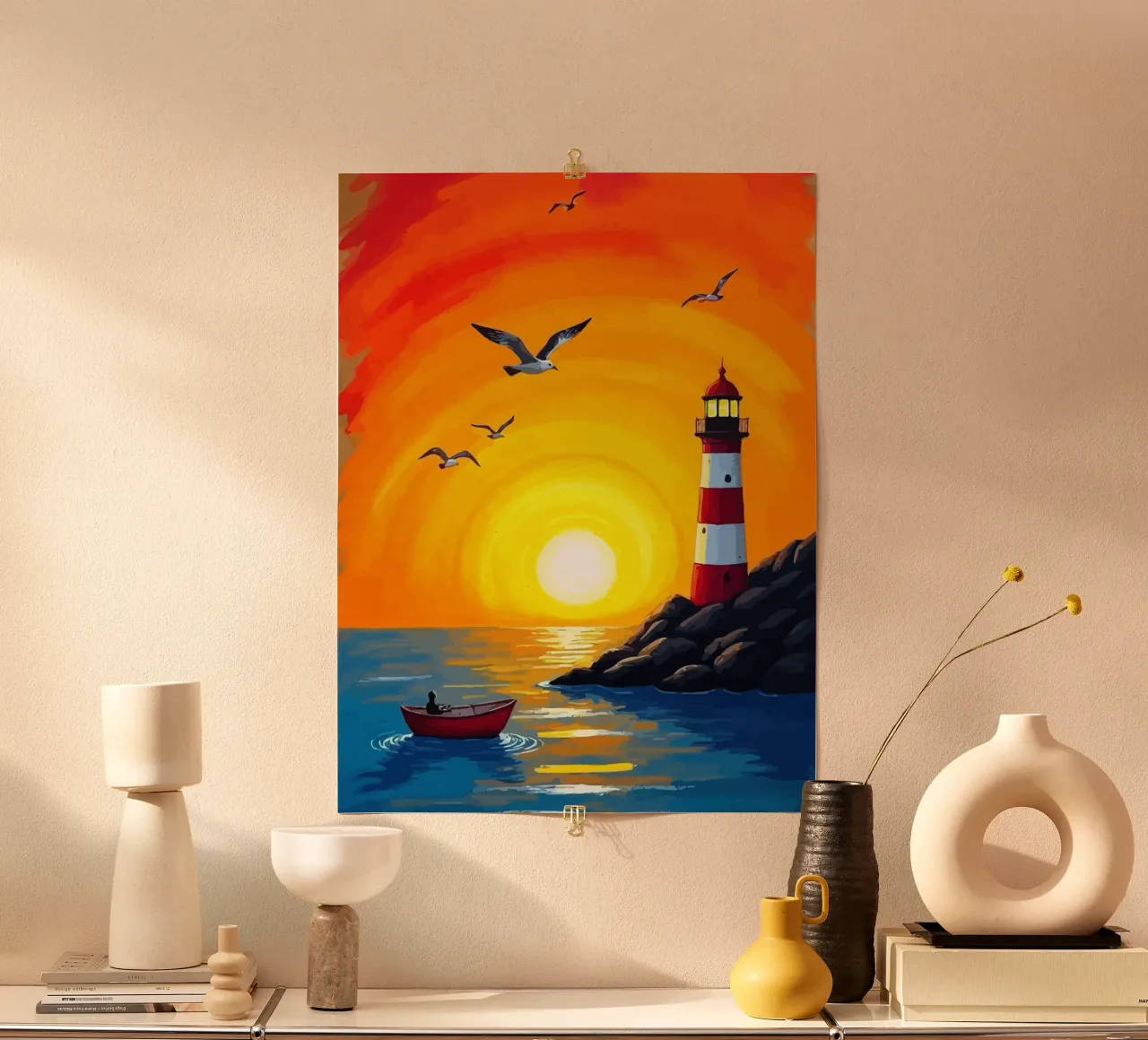 fishing on a small boat before sunset poster con telaio in legno da Dumery Art