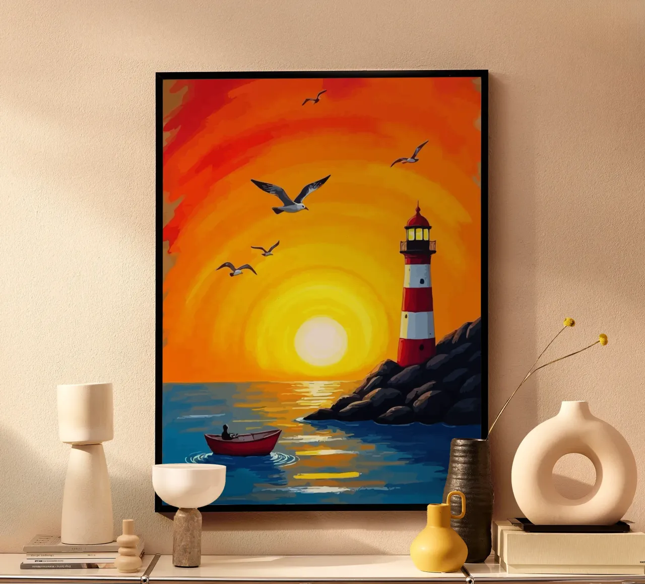 fishing on a small boat before sunset poster con telaio in legno da Dumery Art
