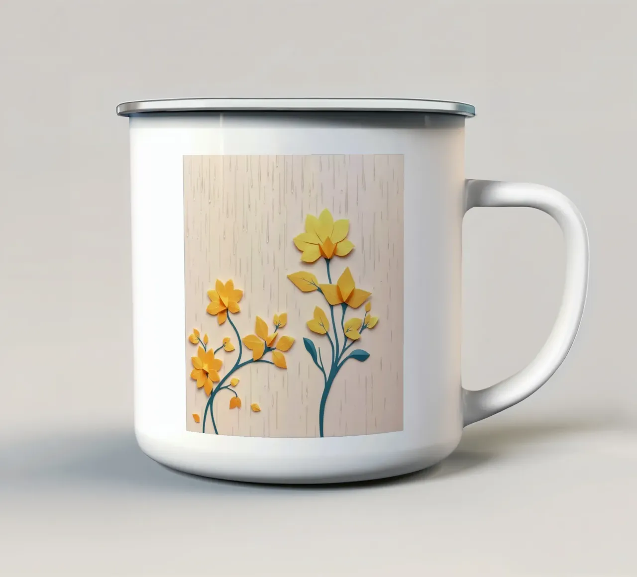 Fiori di carta e gocce di pioggia su sfondo beige tazza in smalto da DesignDoodle