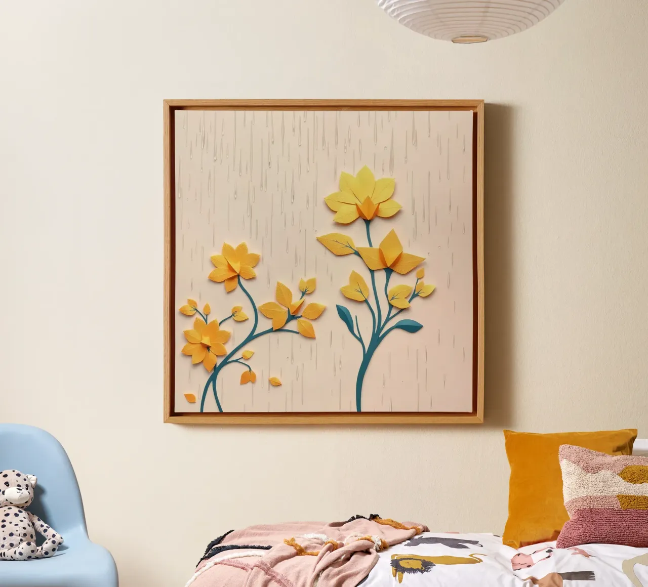 Fiori di carta e gocce di pioggia su sfondo beige tela con Cornice a cassetta da DesignDoodle