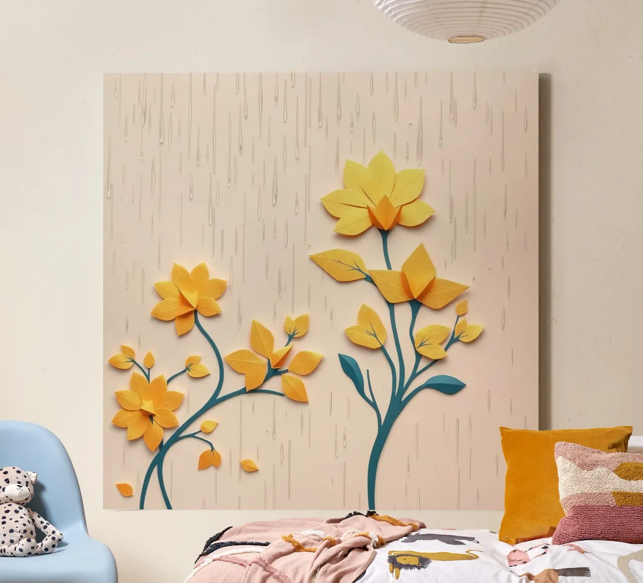 Fiori di carta e gocce di pioggia su sfondo beige tela con Cornice a cassetta da DesignDoodle