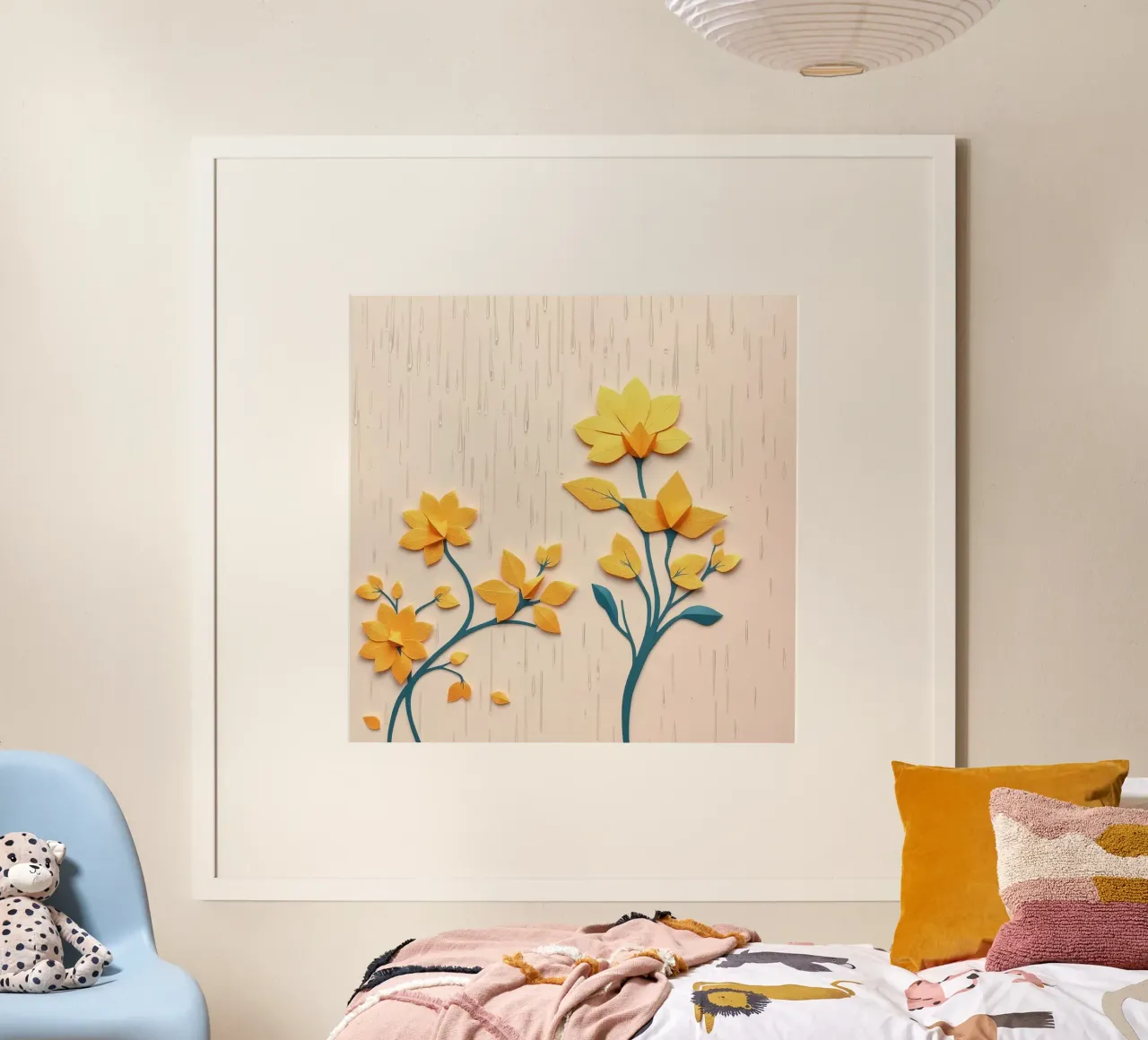 Fiori di carta e gocce di pioggia su sfondo beige poster da DesignDoodle