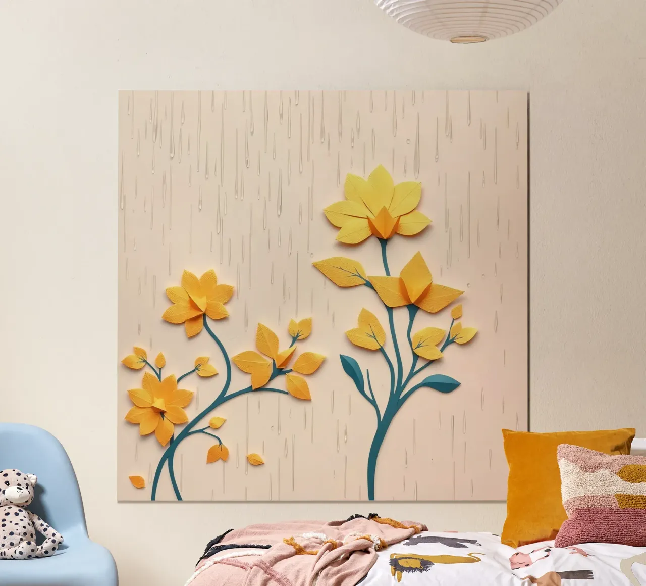 Fiori di carta e gocce di pioggia su sfondo beige poster da DesignDoodle