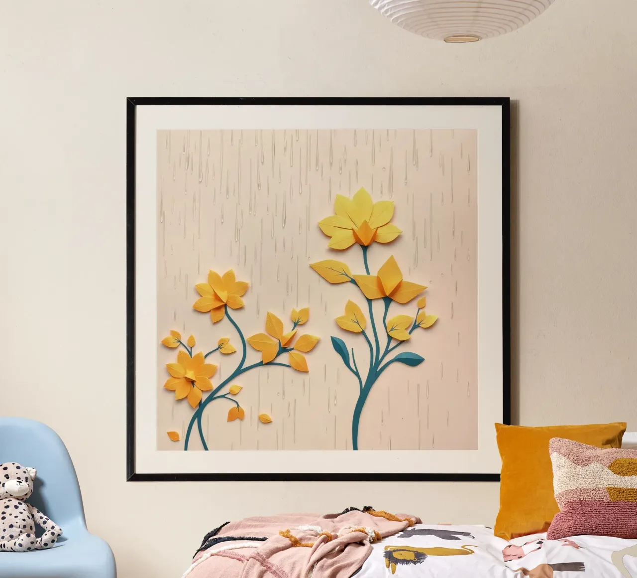 Fiori di carta e gocce di pioggia su sfondo beige poster da DesignDoodle