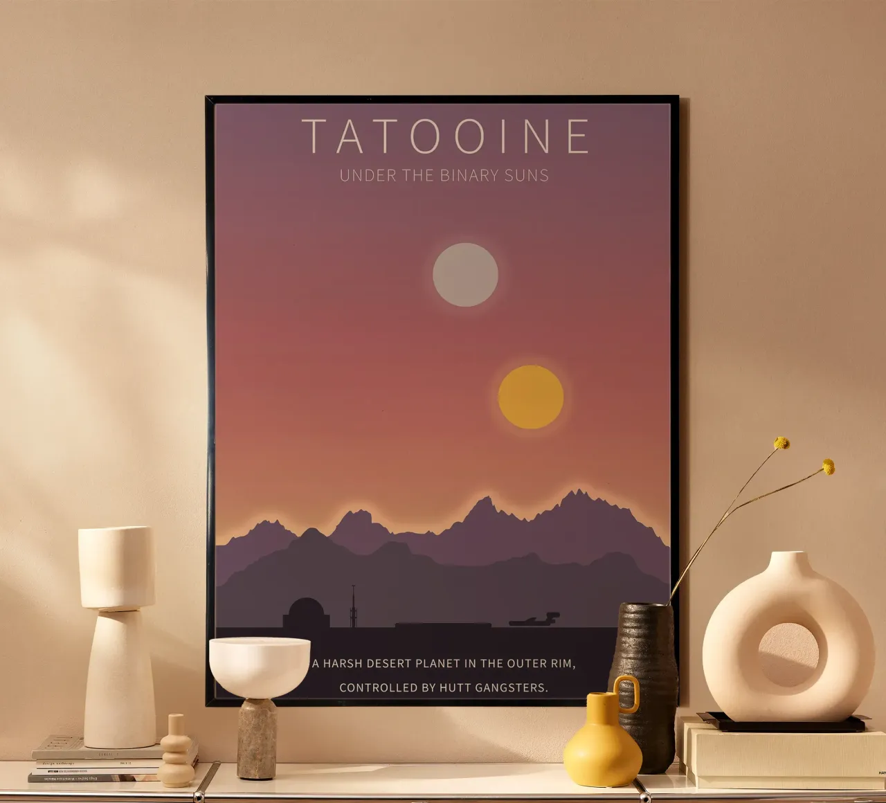 Tatooine Under The Binary Suns poster avec cadre en plastique de Robert Hoff
