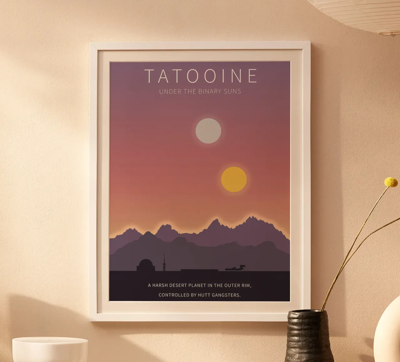 Tatooine Under The Binary Suns poster avec cadre en plastique de Robert Hoff
