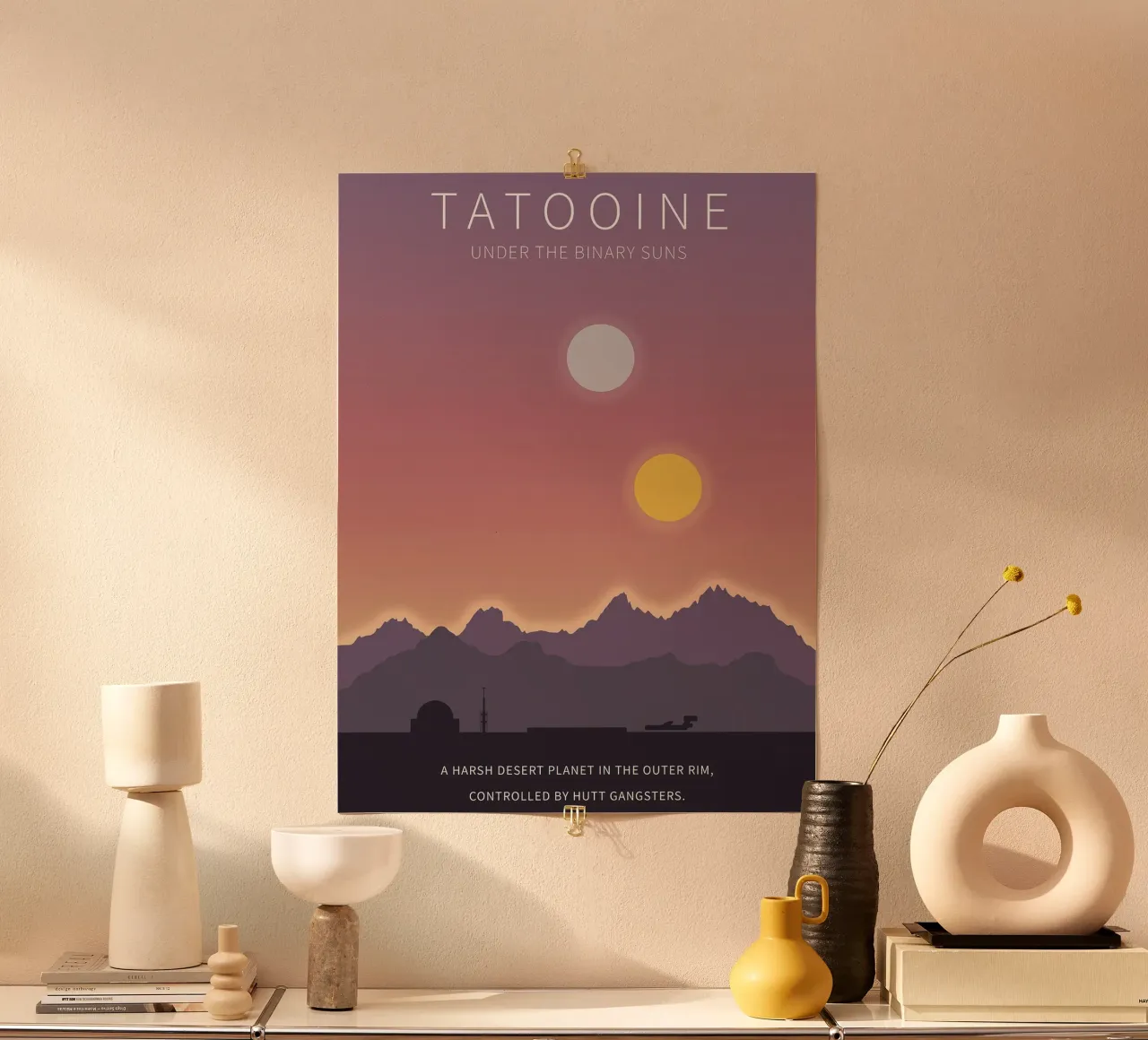 Tatooine Under The Binary Suns poster avec cadre en plastique de Robert Hoff