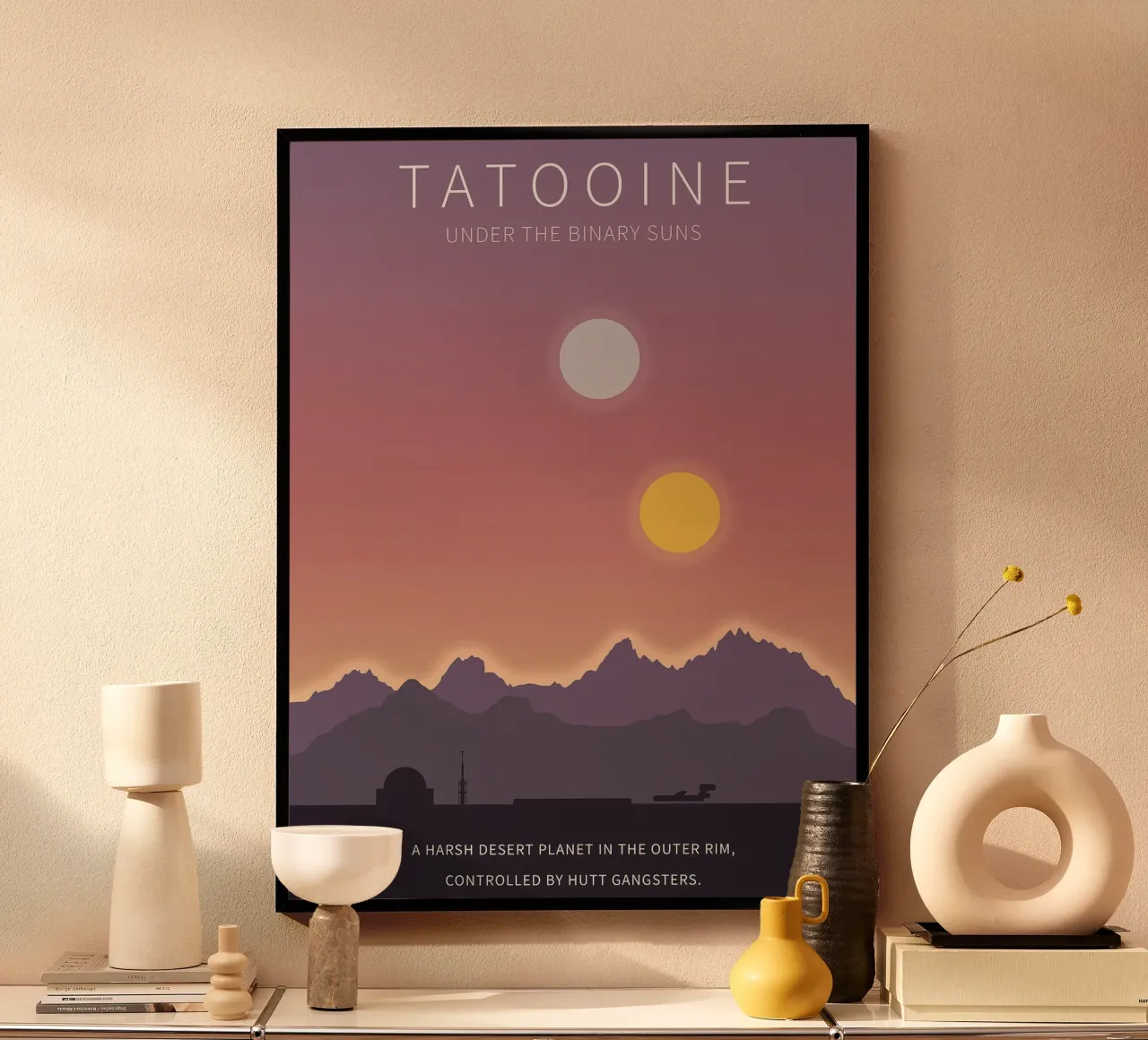 Tatooine Under The Binary Suns poster avec cadre en plastique de Robert Hoff