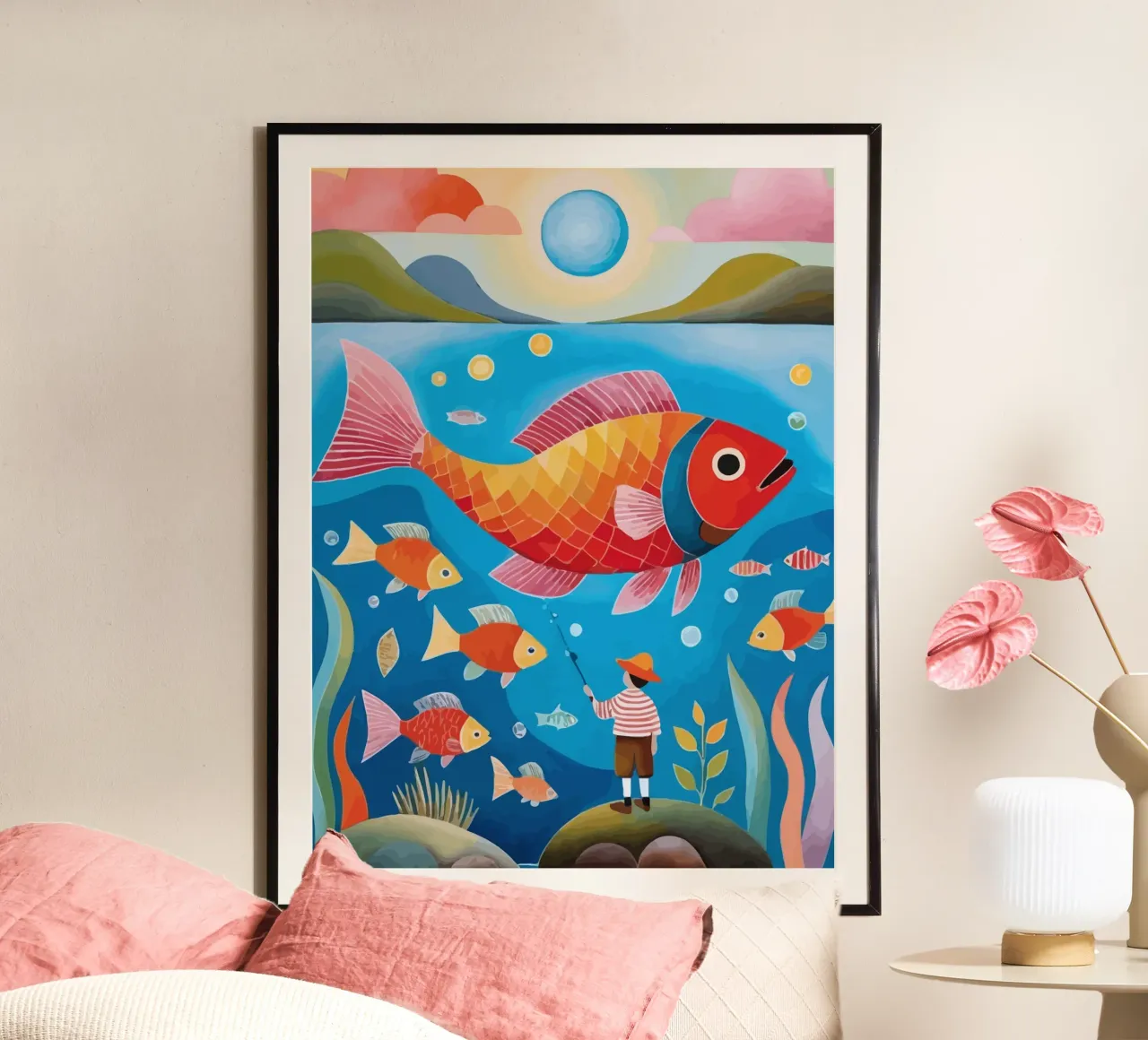 fish and a child fishing poster con telaio in alluminio da Dumery Art