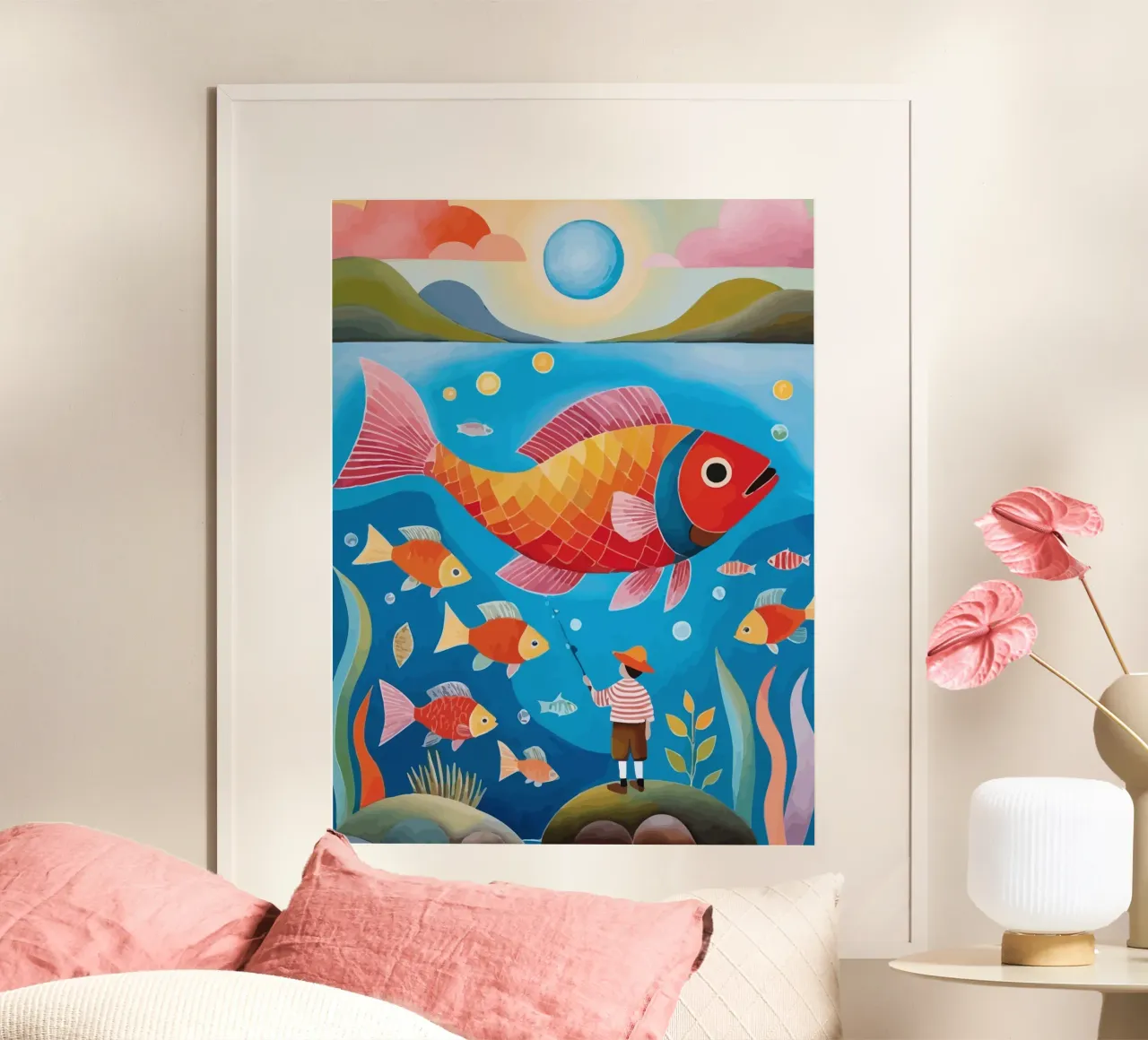 fish and a child fishing poster con telaio in alluminio da Dumery Art