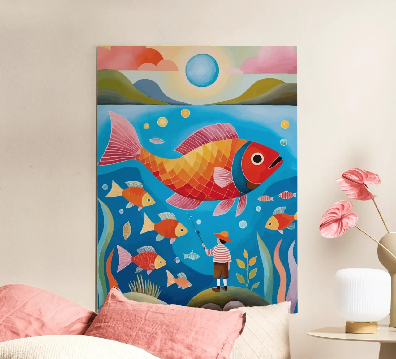fish and a child fishing poster con telaio in alluminio da Dumery Art