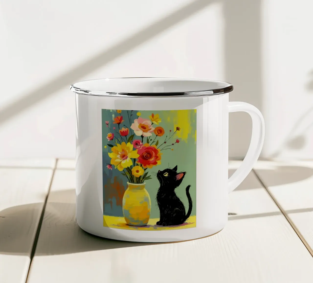 a black kitten near a flower vase tazza in smalto da Dumery Art