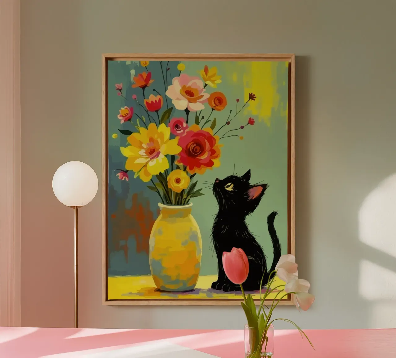 a black kitten near a flower vase canvas with Floater frame by Dumery Art