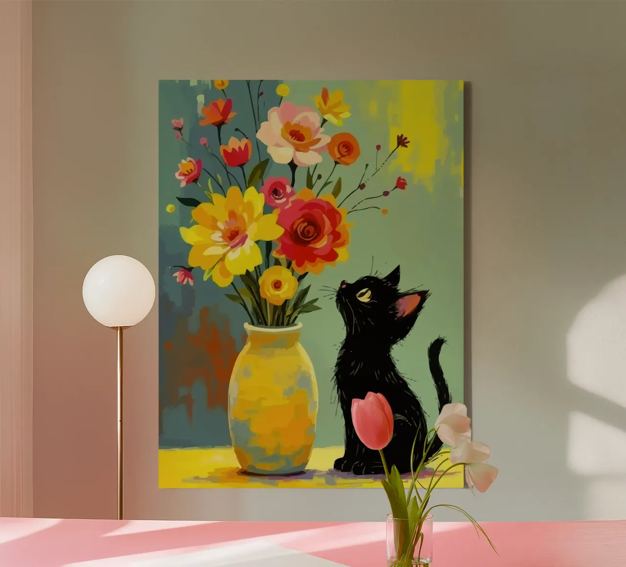 a black kitten near a flower vase canvas with Floater frame by Dumery Art
