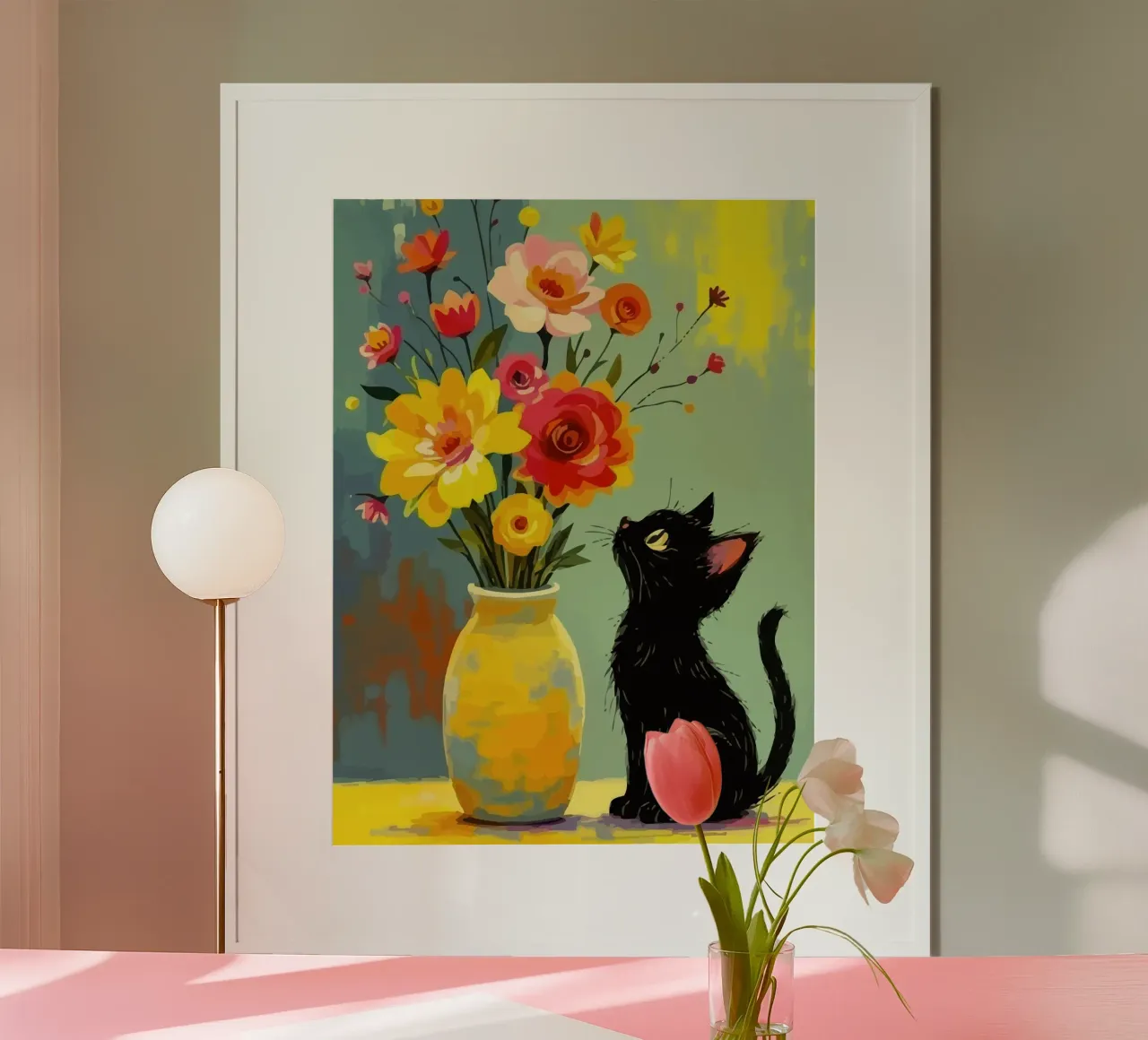 a black kitten near a flower vase poster con telaio in alluminio da Dumery Art