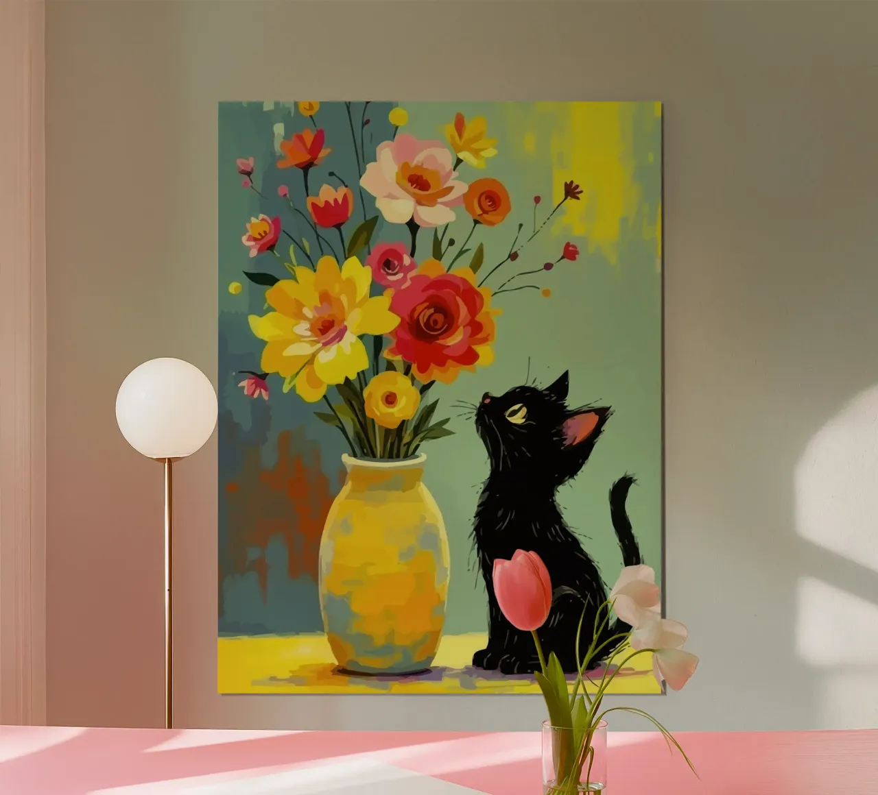 a black kitten near a flower vase poster con telaio in alluminio da Dumery Art