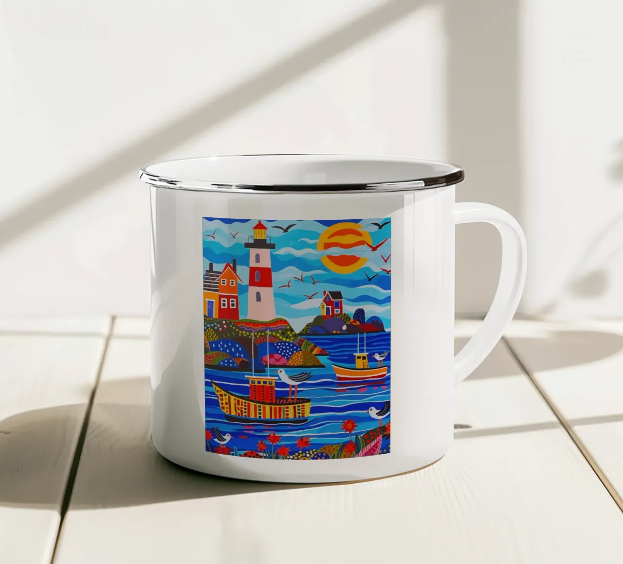 boat and birds in sea tazza in smalto da Dumery Art