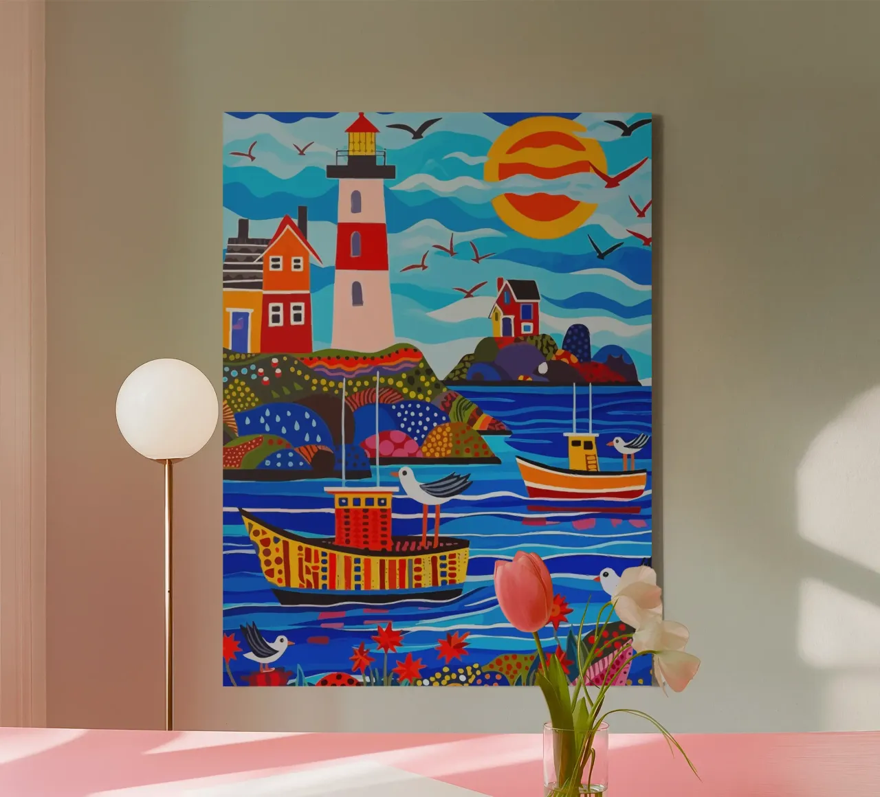 boat and birds in sea canvas met Baklijst van Dumery Art