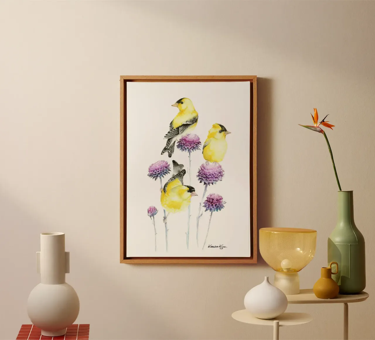 Golden finches on branch canvas met Baklijst van Karolina Kijak