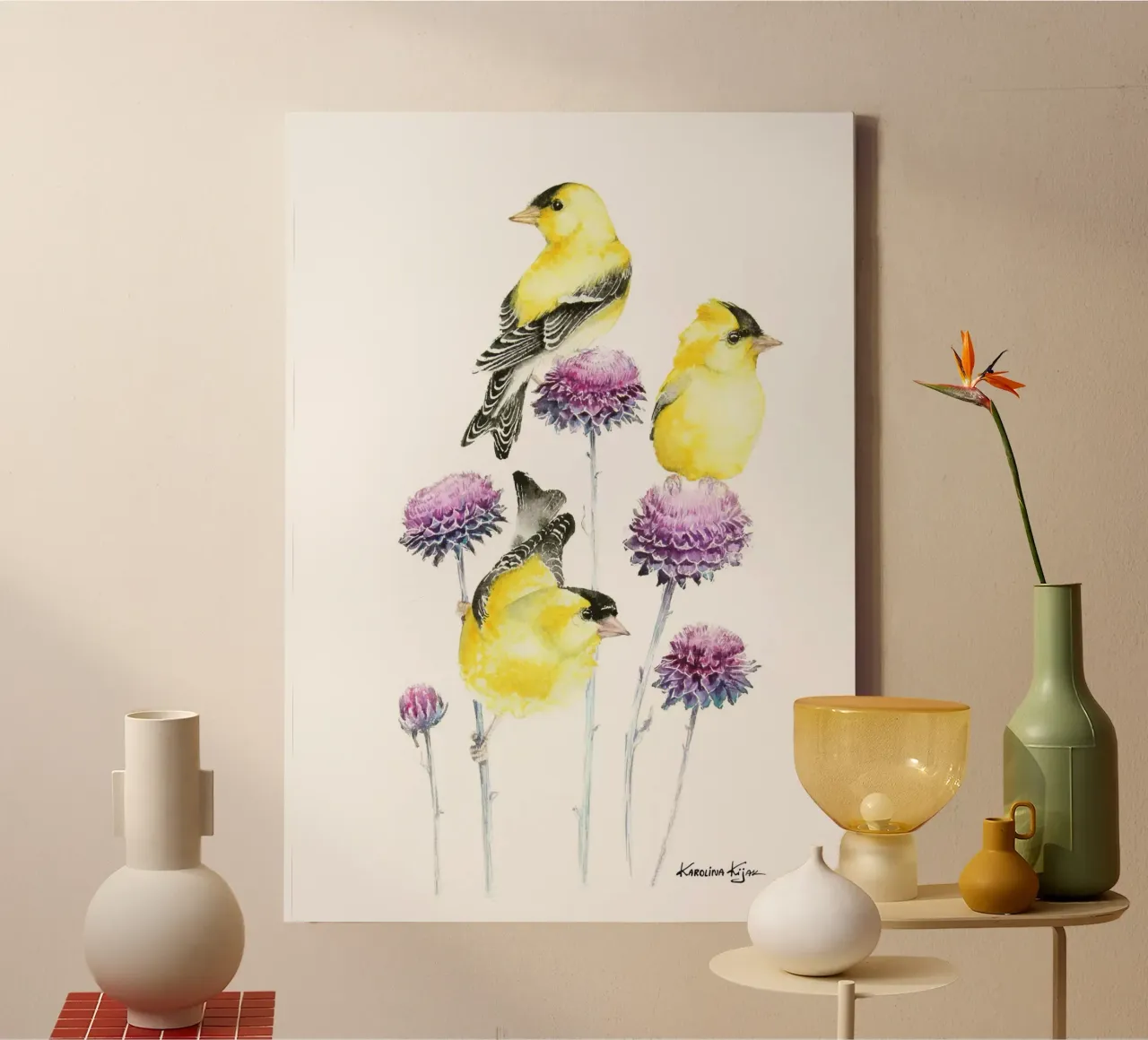 Golden finches on branch canvas met Baklijst van Karolina Kijak