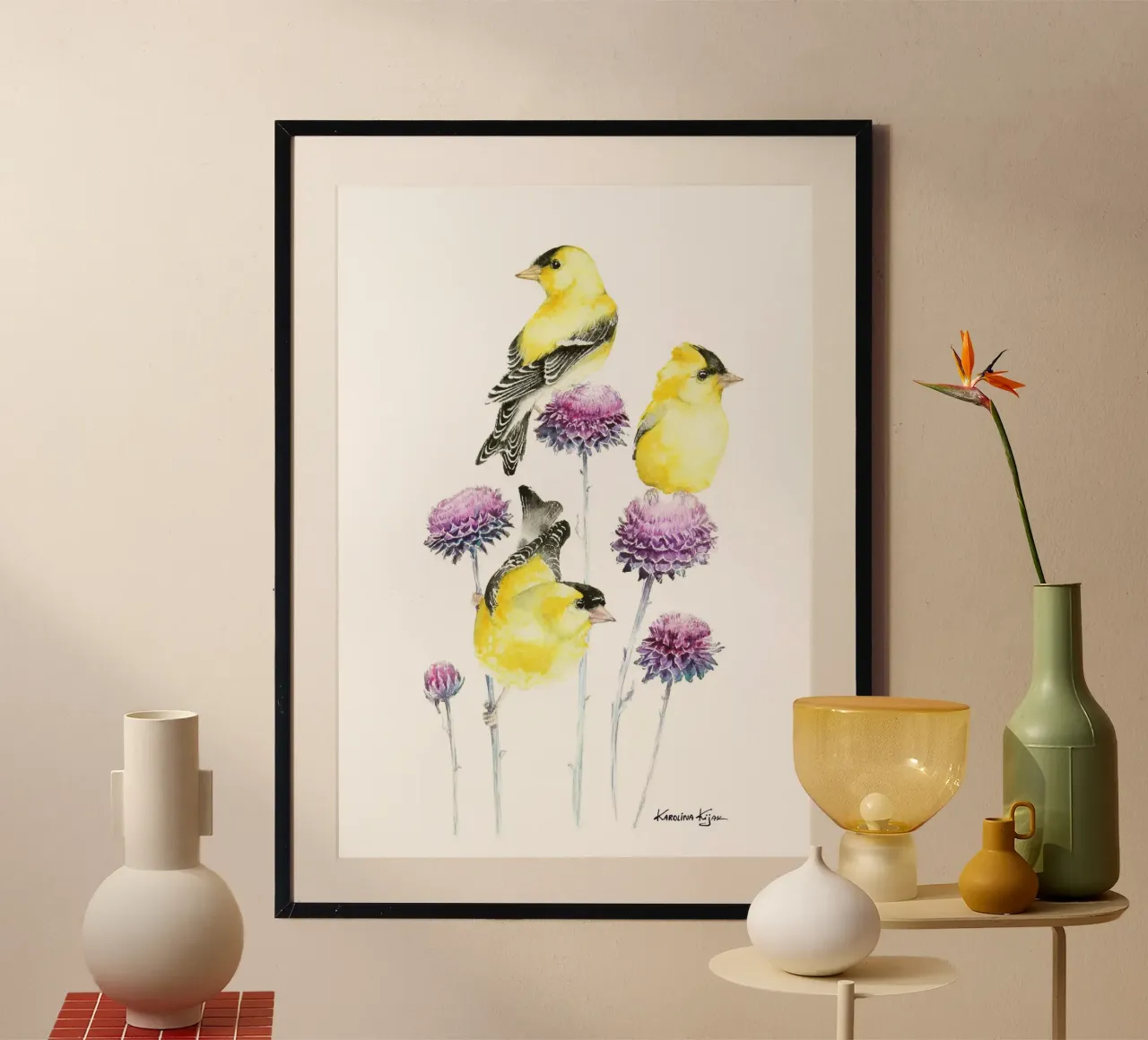 Golden finches on branch poster con telaio in alluminio da Karolina Kijak