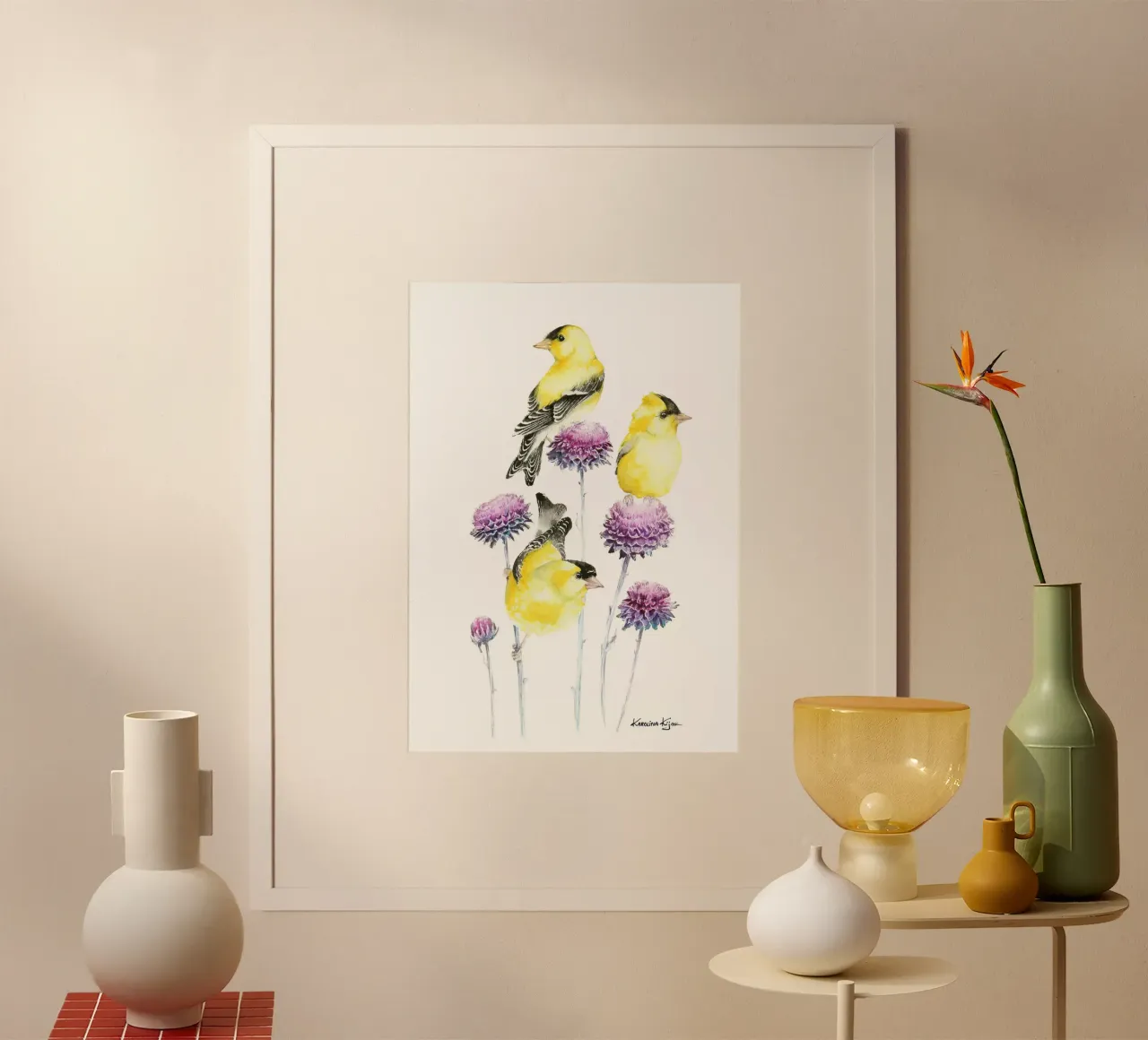 Golden finches on branch poster con telaio in alluminio da Karolina Kijak