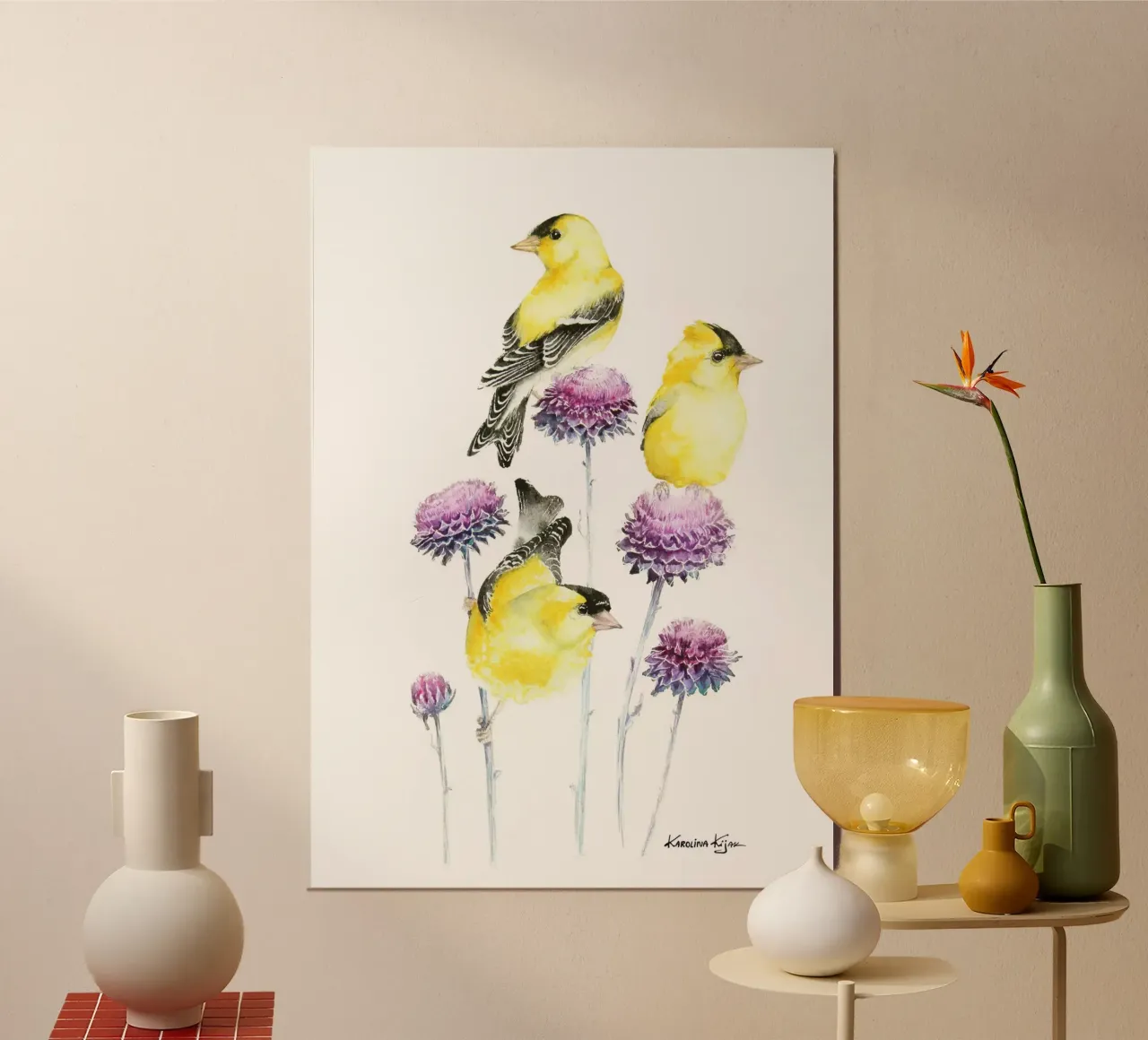 Golden finches on branch poster con telaio in alluminio da Karolina Kijak