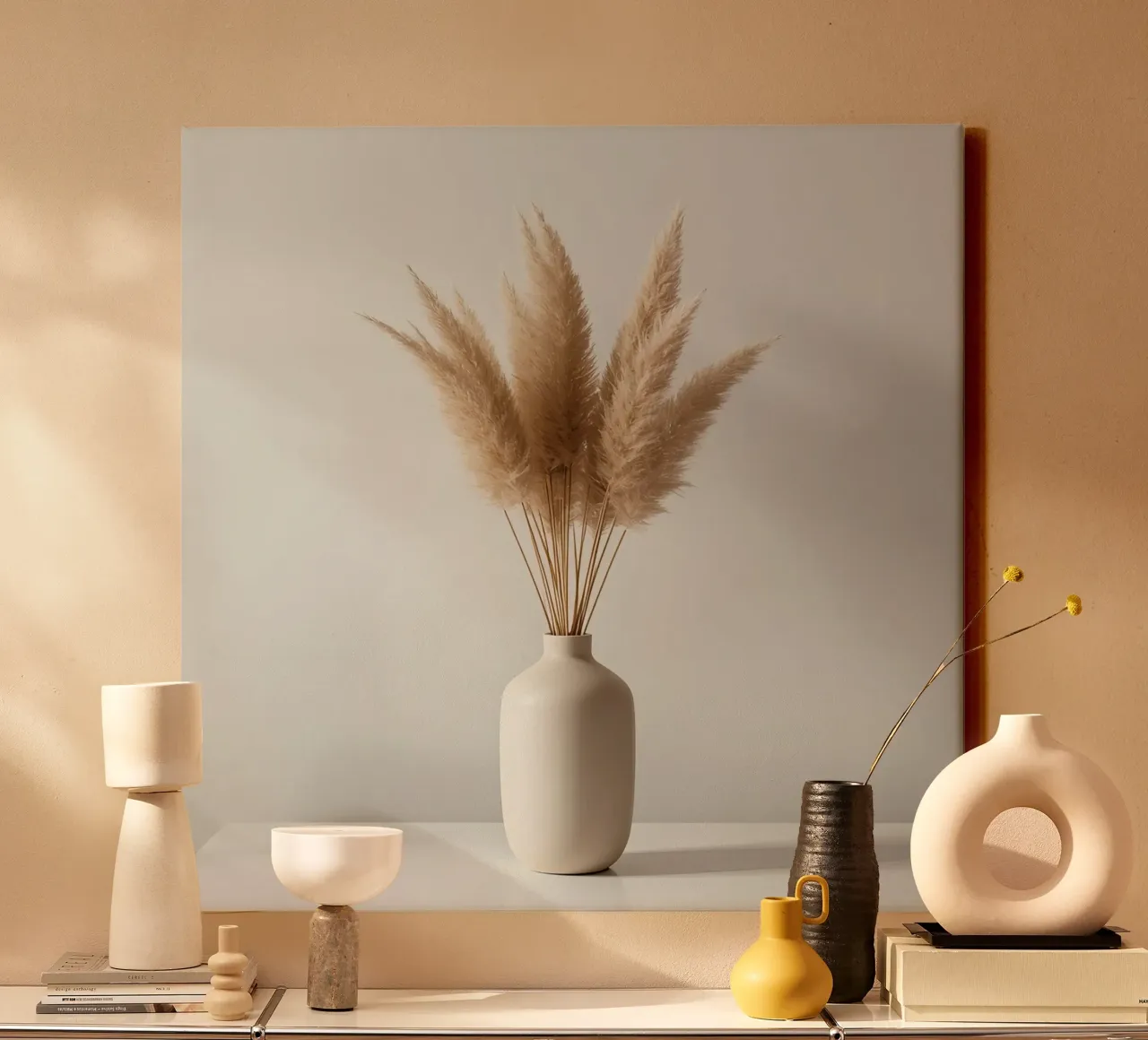 Pampas Grass in Beige Vase on White Table Leinwand mit Schattenfugenrahmen von DesignDoodle