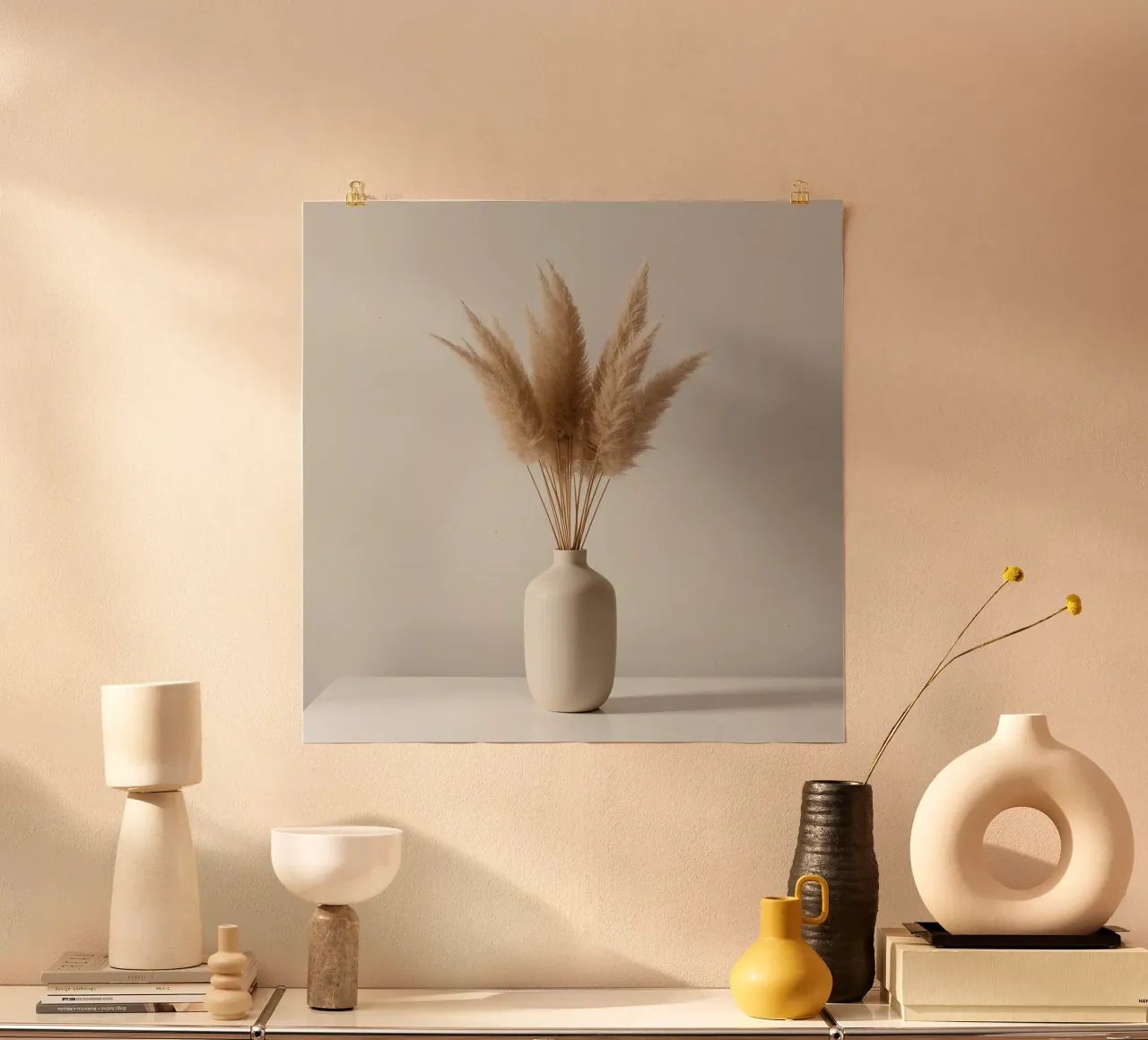 Erba di pampa in vaso beige su tavolo bianco poster con telaio in alluminio da DesignDoodle