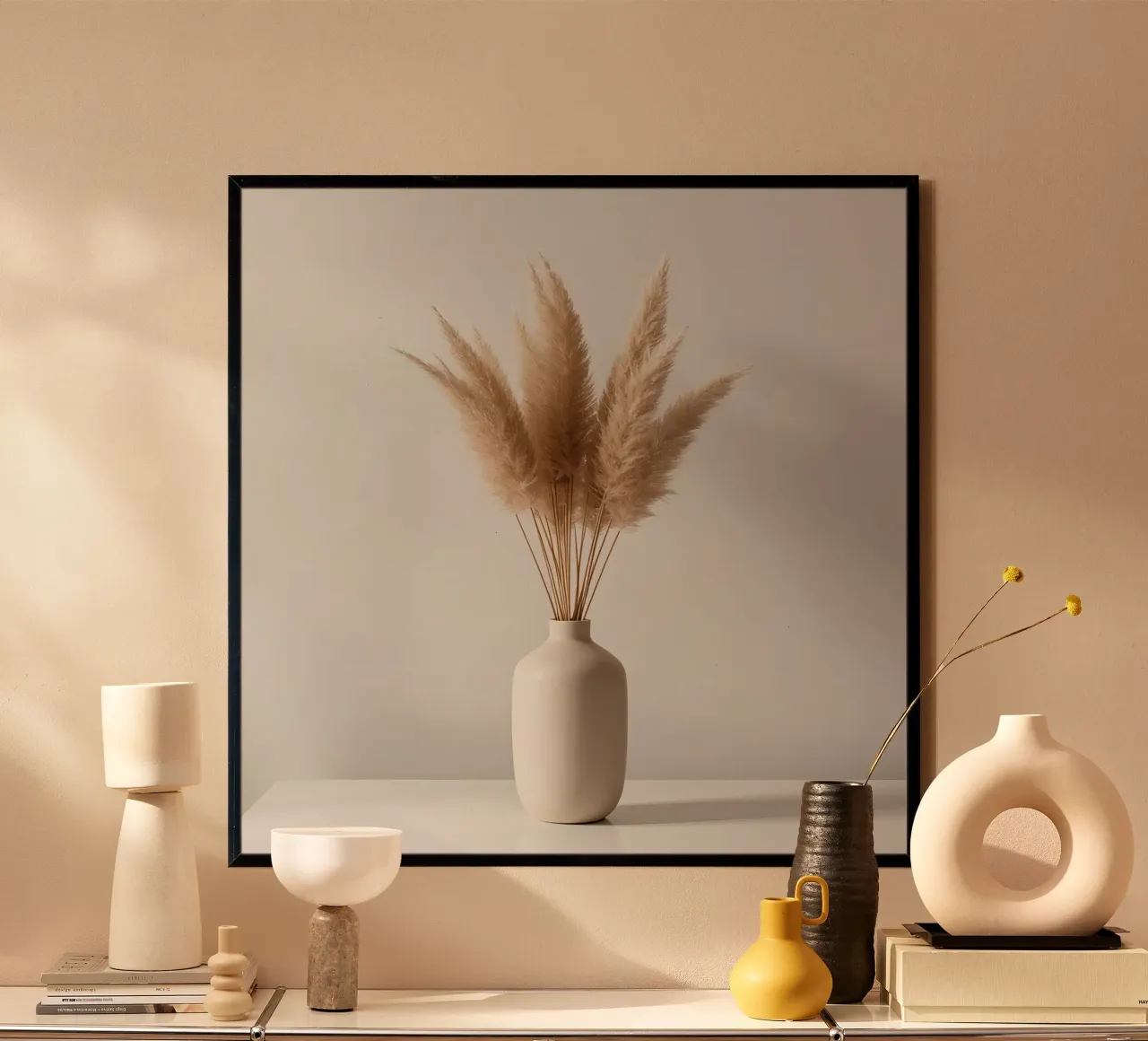 Erba di pampa in vaso beige su tavolo bianco poster con telaio in alluminio da DesignDoodle