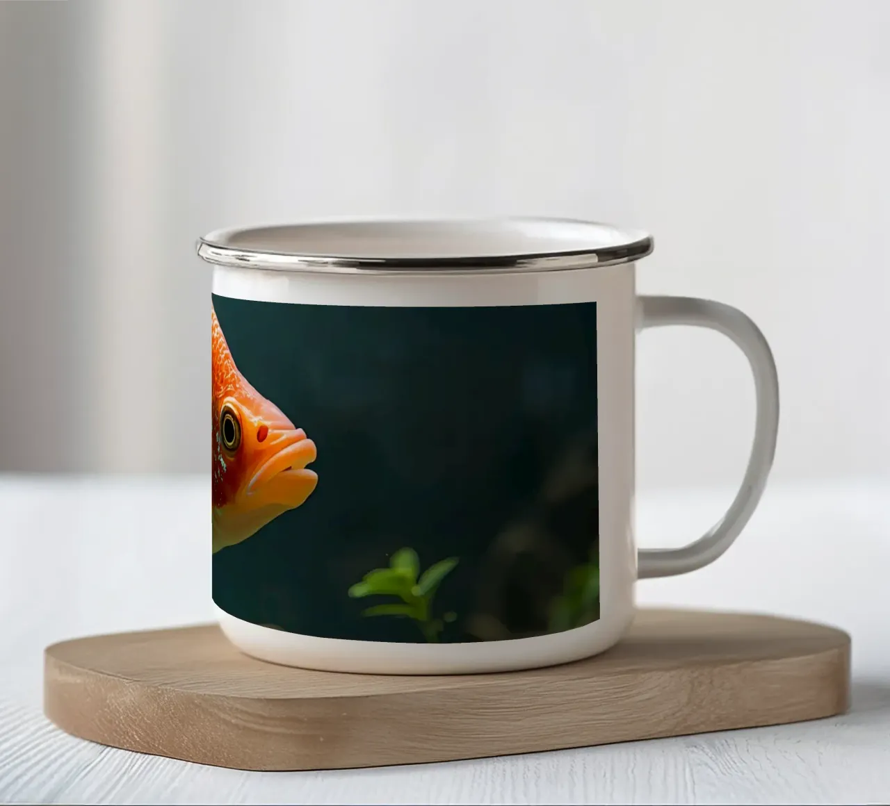 Pesce arancione in acquario con piante e bolle di sapone tazza in smalto da DesignDoodle