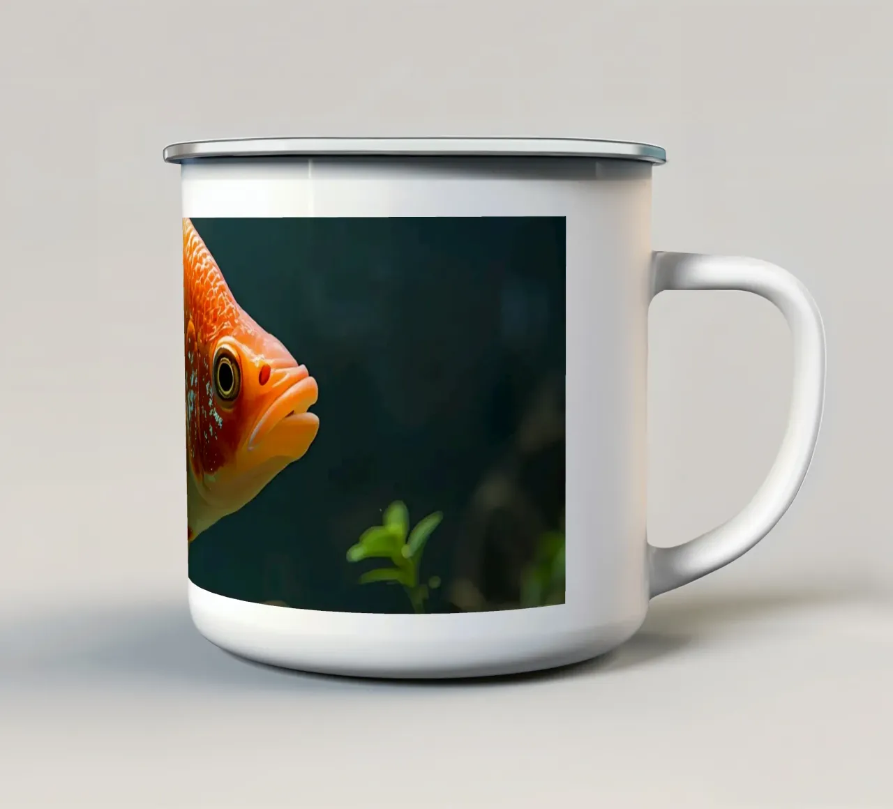 Pesce arancione in acquario con piante e bolle di sapone tazza in smalto da DesignDoodle