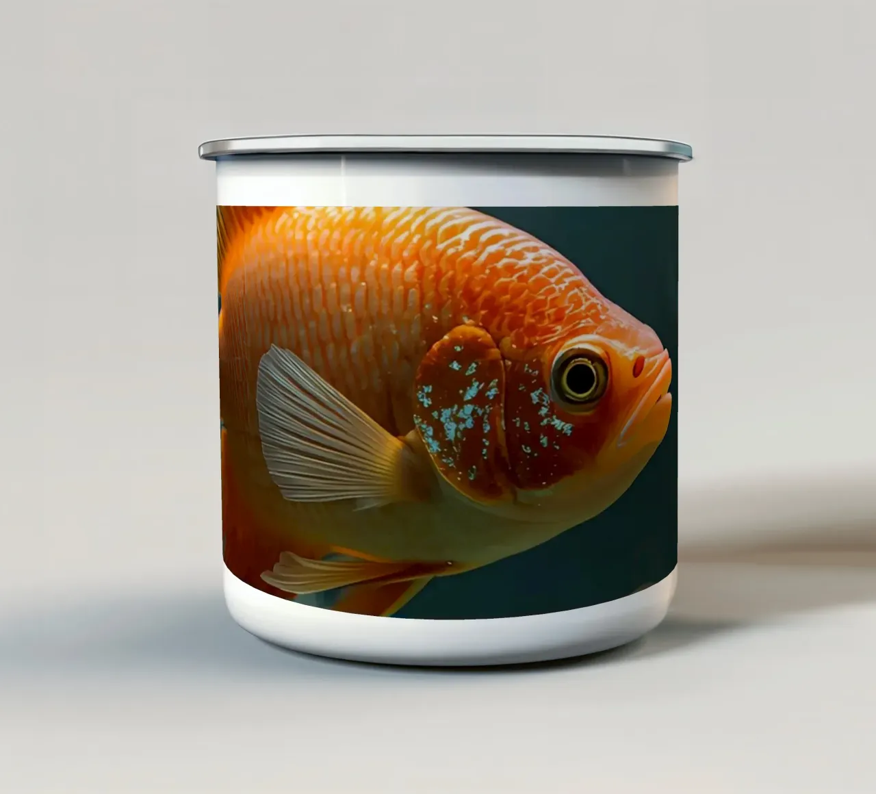 Pesce arancione in acquario con piante e bolle di sapone tazza in smalto da DesignDoodle