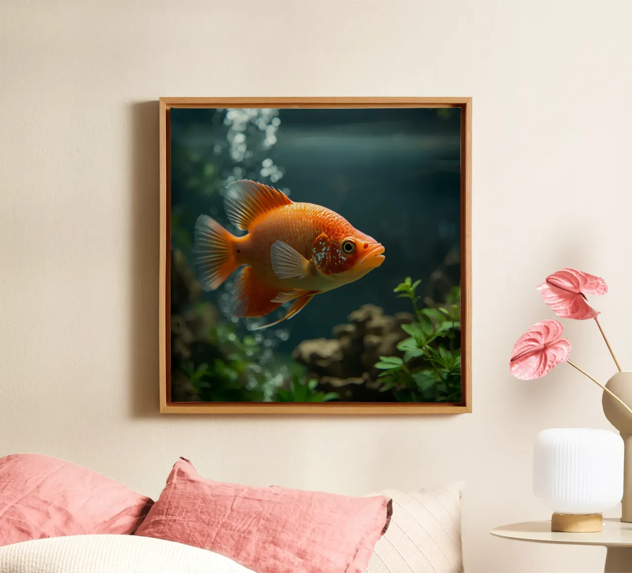 Pesce arancione in acquario con piante e bolle di sapone tela con Cornice a cassetta da DesignDoodle