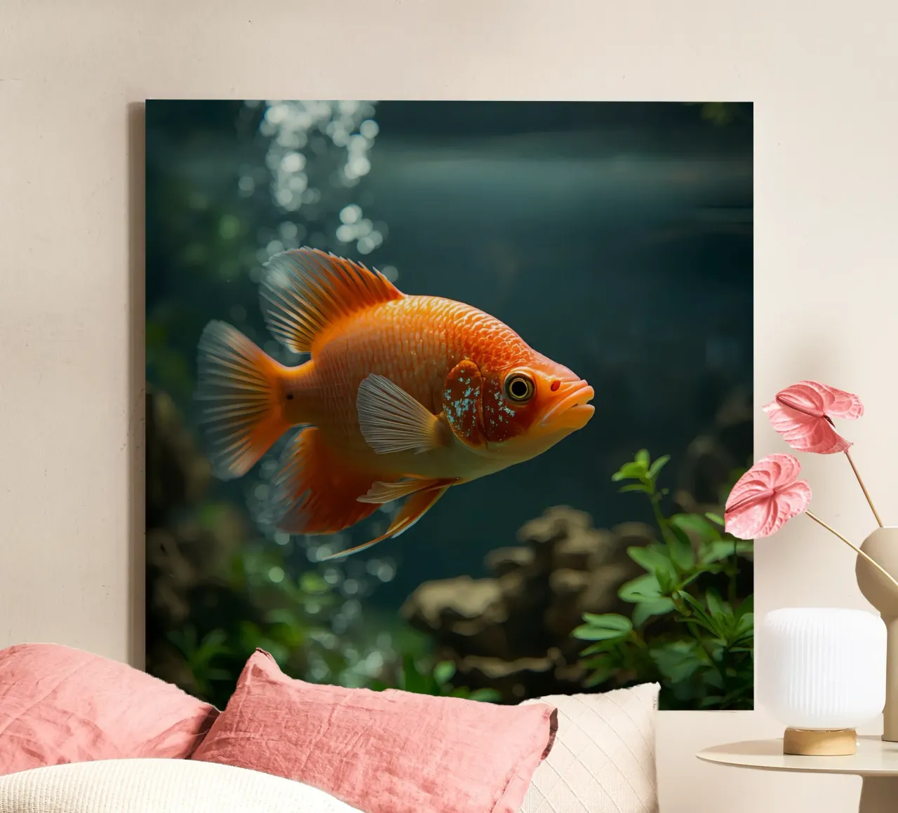 Pesce arancione in acquario con piante e bolle di sapone tela con Cornice a cassetta da DesignDoodle