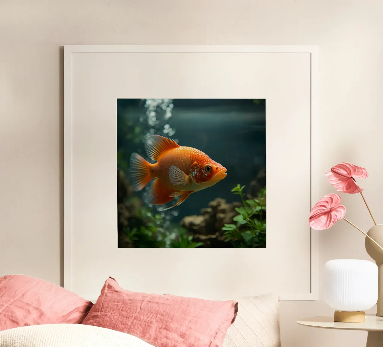 Pesce arancione in acquario con piante e bolle di sapone poster da DesignDoodle