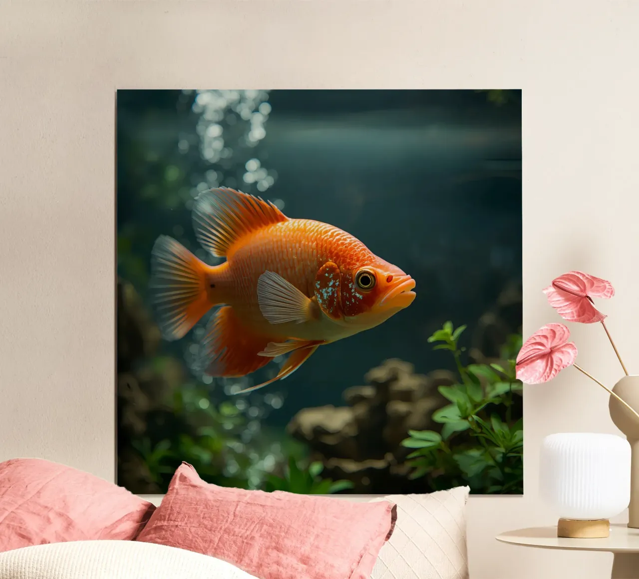 Pesce arancione in acquario con piante e bolle di sapone poster da DesignDoodle