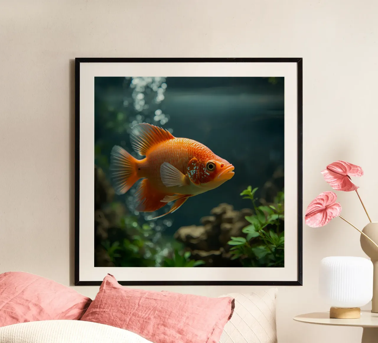 Pesce arancione in acquario con piante e bolle di sapone poster da DesignDoodle