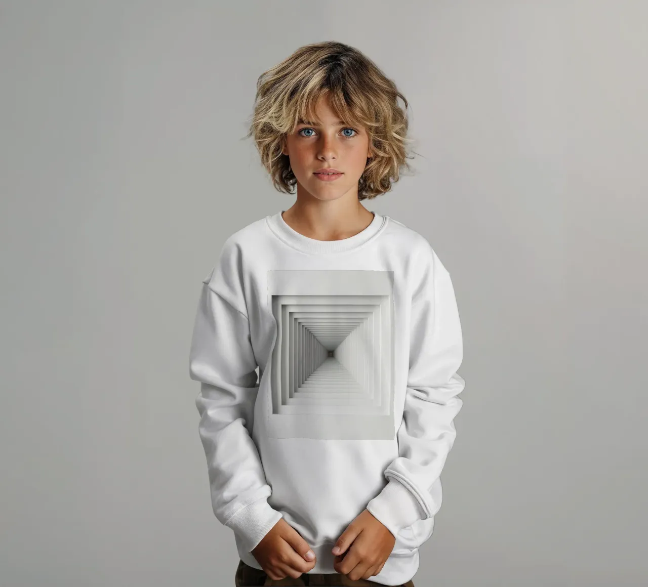 Nested White Square Frames Creating Tunnel Illusion kids sweatshirt by DesignDoodle