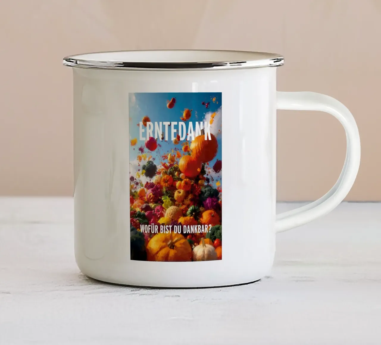 Ringraziamento - Per cosa siete grati? tazza in smalto da undarstellbar Christliche Poster