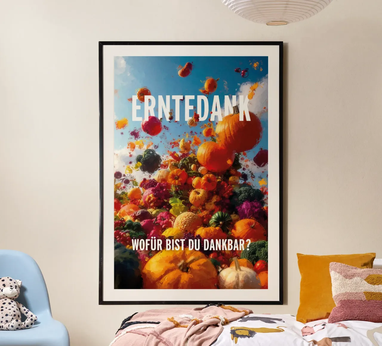 Ringraziamento - Per cosa siete grati? poster con telaio in legno da undarstellbar Christliche Poster