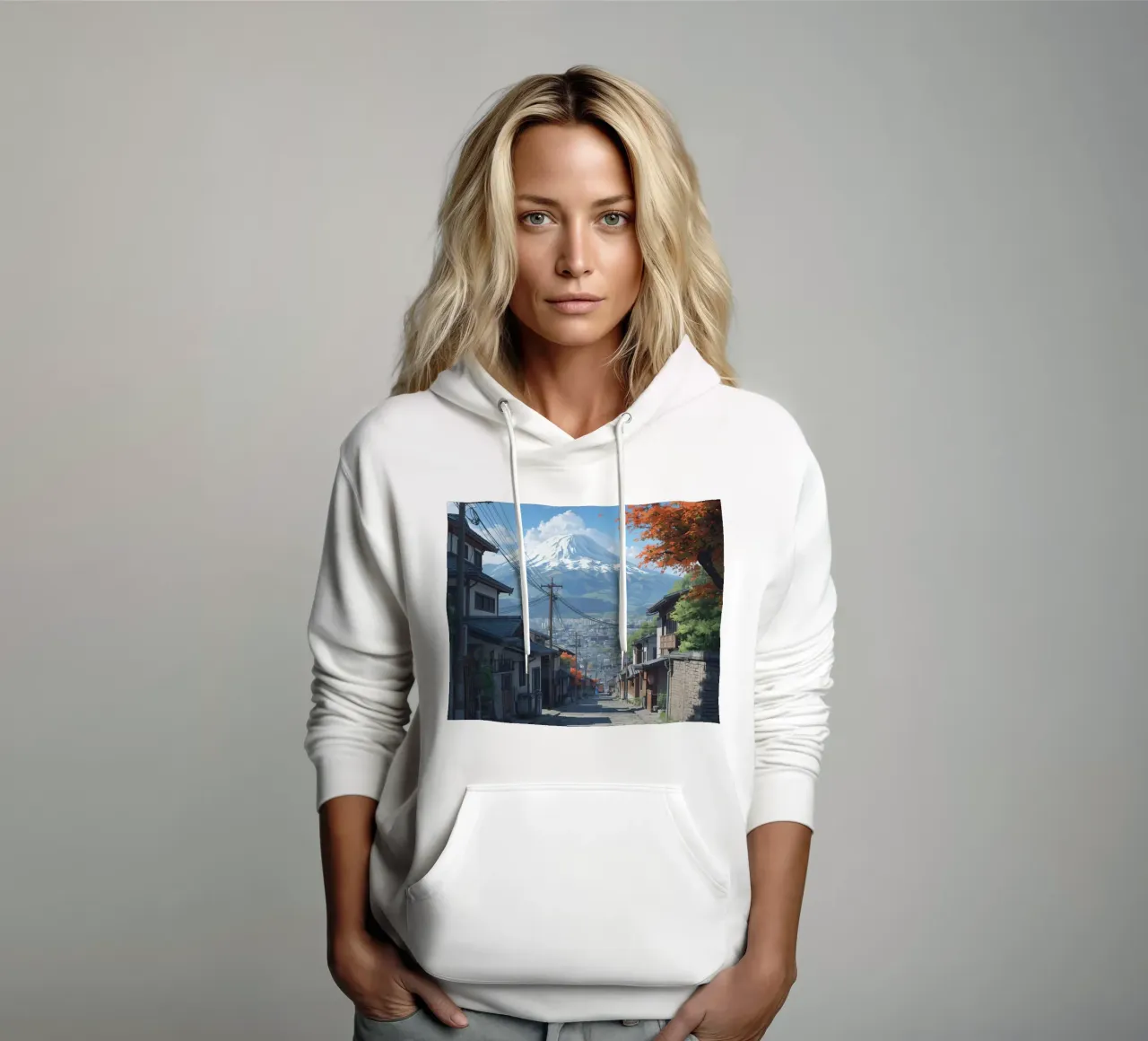 Vista sul Monte Fuji da una strada di ciottoli con case giapponesi felpa con cappuccio da DesignDoodle