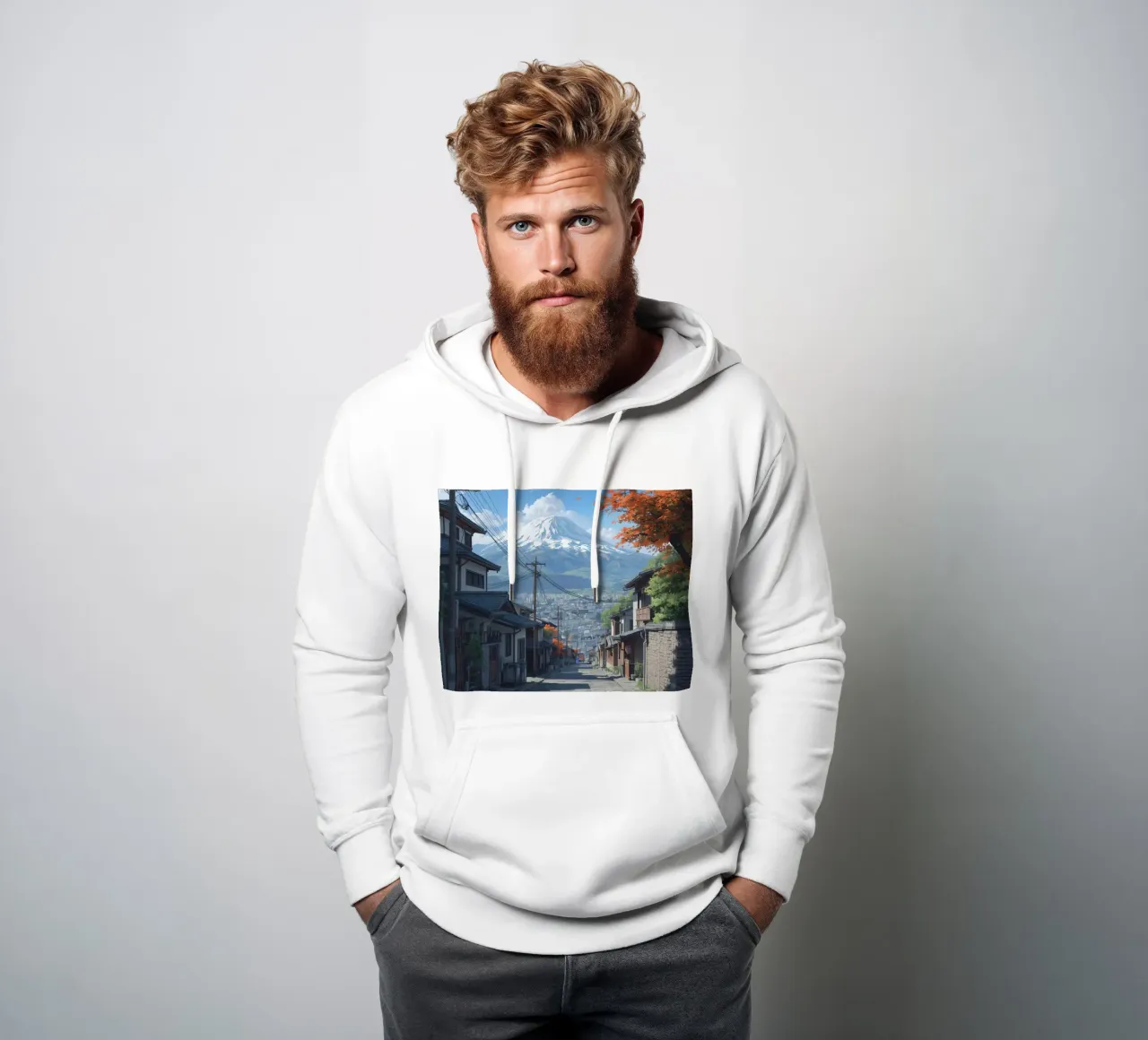 Vista sul Monte Fuji da una strada di ciottoli con case giapponesi felpa con cappuccio da DesignDoodle