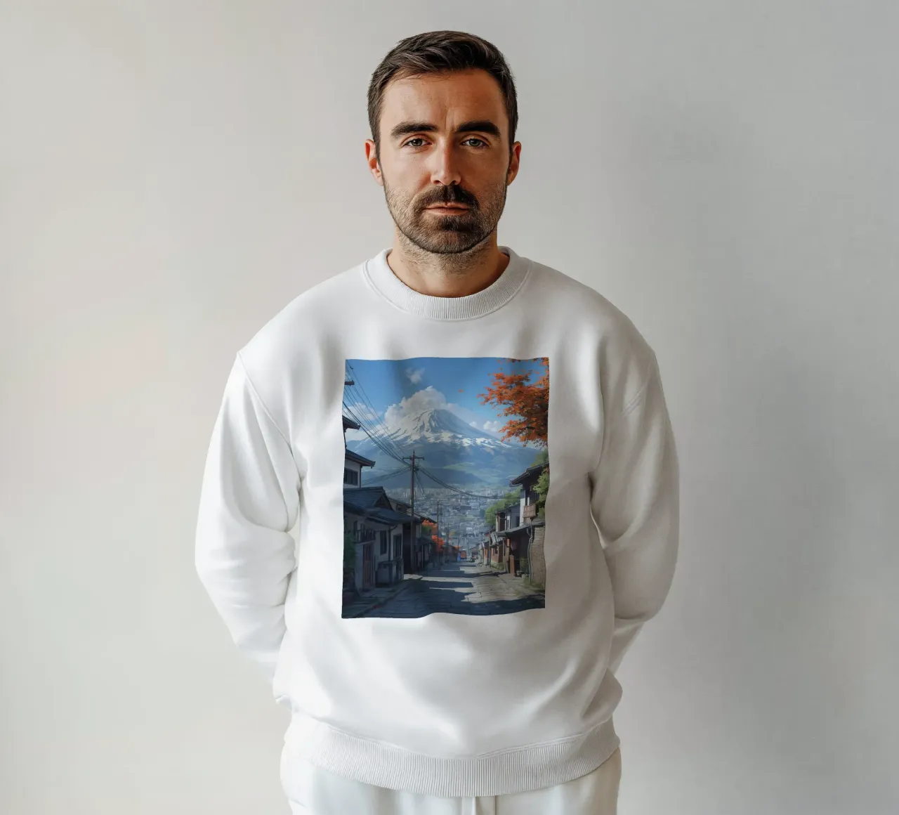 Vista sul Monte Fuji da una strada di ciottoli con case giapponesi felpa da DesignDoodle