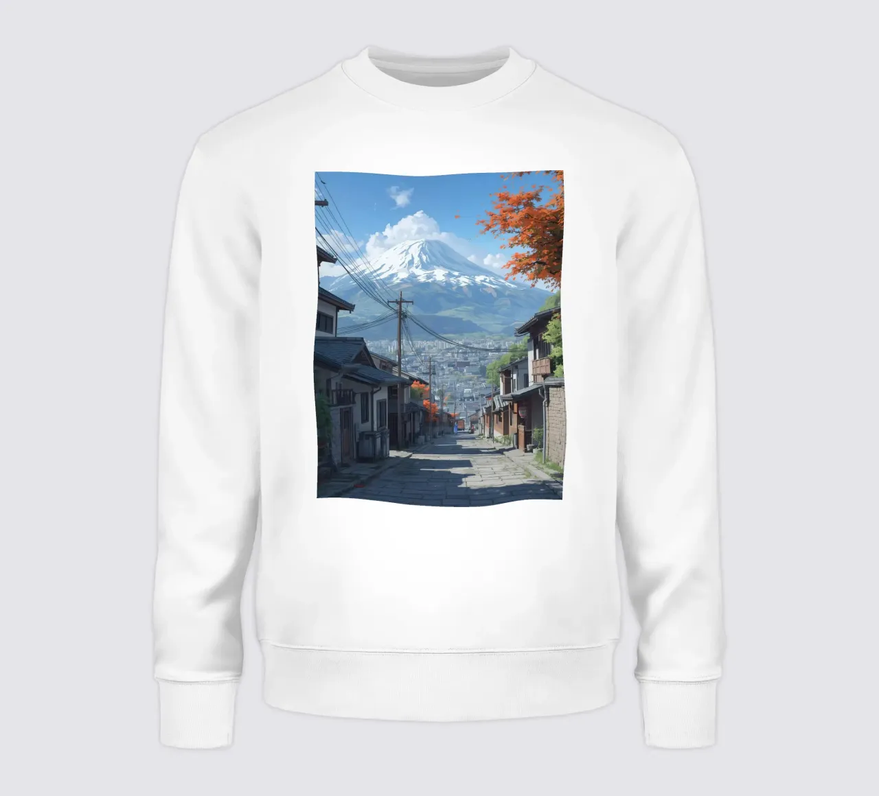 Vista sul Monte Fuji da una strada di ciottoli con case giapponesi felpa da DesignDoodle